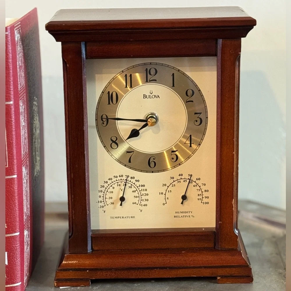 Vintage Bulova Gold and Brown Mantle Clock with Thermometer and Hygrometer